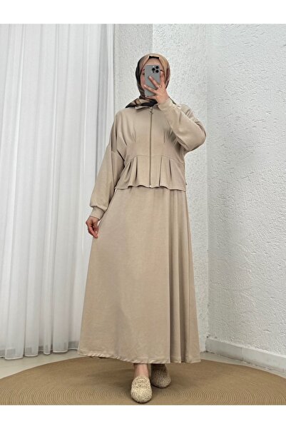 MİHRA STORE Nefes Ceketi Dikişli Fermuarlı İkili Elbise-MF1774 Taş