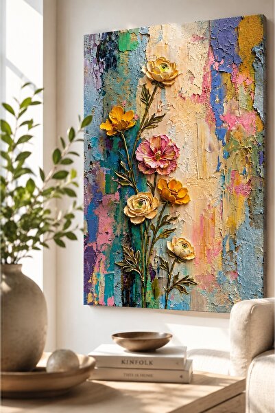 HDART Premium Seri Ultra Kabartma Görünümlü Renkli Çiçek Temalı Modern Kanvas...