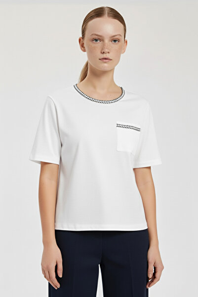Triko Mısırlı Ecru Border Detailed Short Sleeve Women's T-Shirt