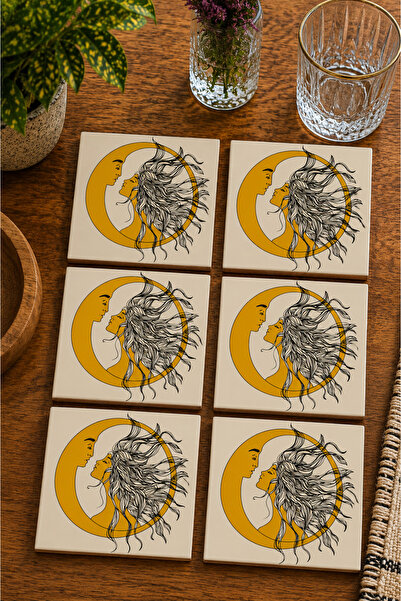 JHAAR Sun and Moon Lovers Patterned Modern Set of 6 Coasters - Uv Printing Md...