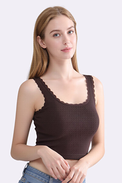 Pearlune Women's Lace Detailed Ribbed Crop Top Undershirt - 92% Cotton Soft T...