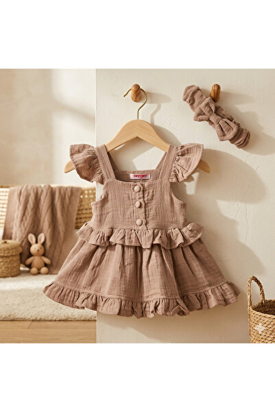 Baby Violette %100 PAMUKLU MÜSLİN KUMAŞ KAHVERENGİ BANDANALI ELBİSE SETİ / BA...