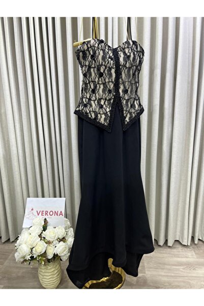 Verona فستان سهرة أسود طويل بتصميم كورسيه دانتيل مطرز