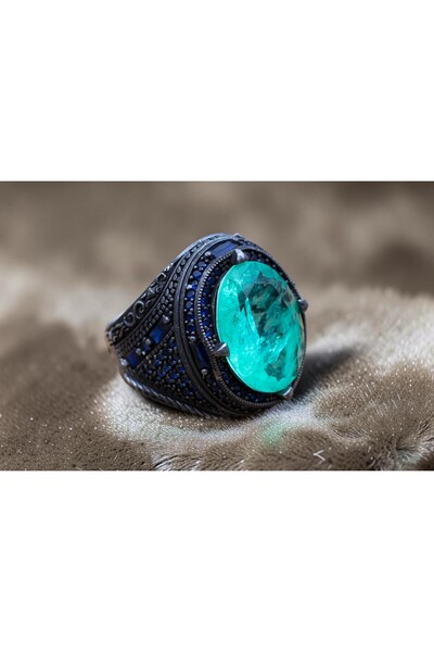 Rubino Silver 925 ayar gümüş erkek yüzük - Paraiba Taşlı Erkek Yüzük - Oksitl...