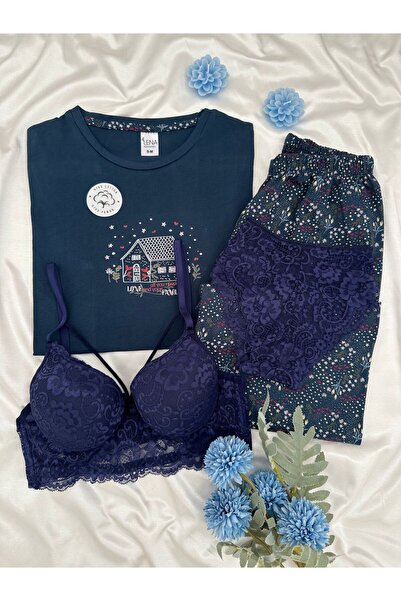 Lena Homewears Women's Patterned Cotton Short Sleeve Pajama and Underwear Set