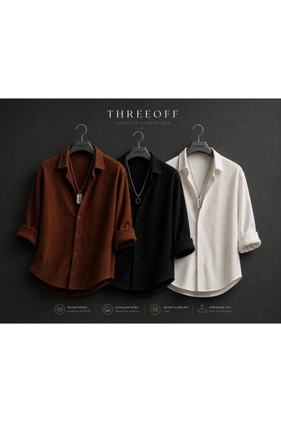 threeoff Premium Fitilli Uzun Kollu Çizgili Erkek Gömlek