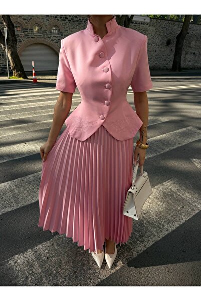 Julidress Premium Set with Embroidered Padded Jacket and Pleated Maxi Skirt