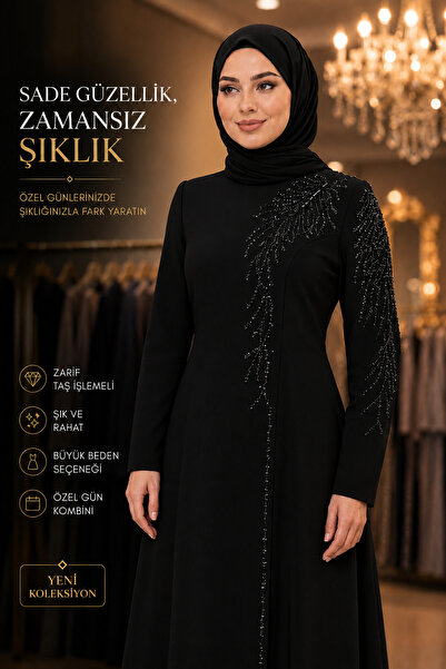 Ayşe Tesettür Büyük Beden Tesettür Abiye Taş İşlemeli Zarif Uzun Kollu Şık Ka...