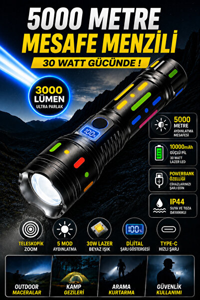 nelerbulurum Pro Ultra Kaliteli Şarjlı Yüksek Işıklı 30 Watt 3000 Lümen 5000 ...
