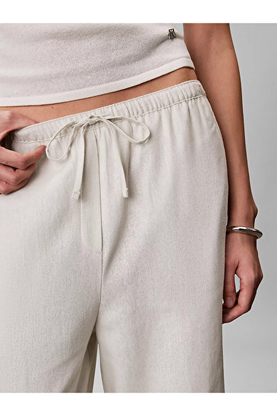 Calvin Klein Kadın Rahat Kalıp Beli Lastikli Geniş Paçalı Keten Beyaz Pantolon