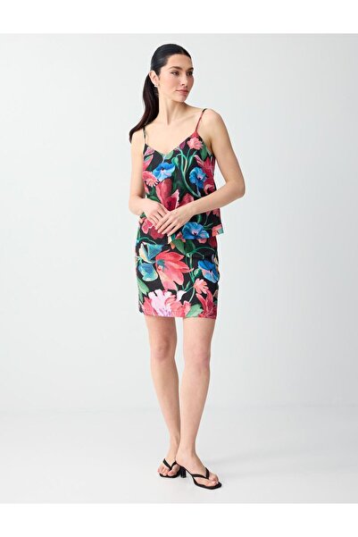Jimmy Key Black Linen Blend Floral Patterned Regular Waist Mini Skirt