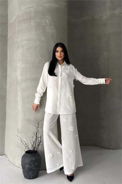 Dipmoda Women's White Floral Appliqué Double Linen Fabric Set Dpms2642