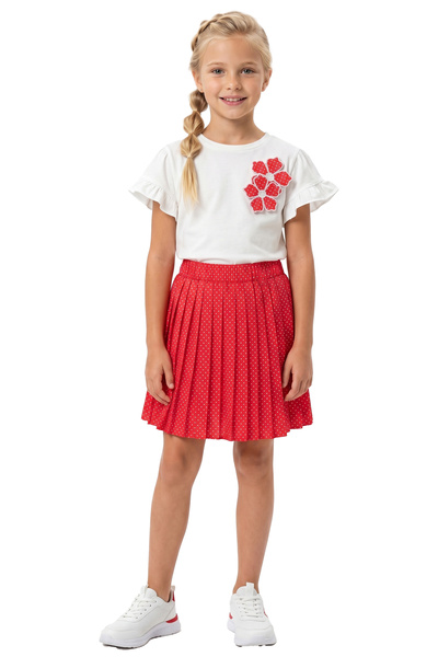 mycuess Girl's Floral Appliqué T-Shirt and Polka Dot Pleated Skirt 2-Piece Se...