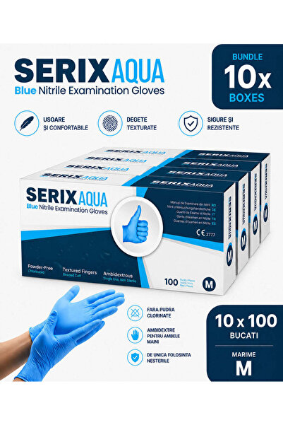 SERIX 10 Cutie x 100 Manusi Examinare Nitril Albastre, Nepudrate, Aqua (M)