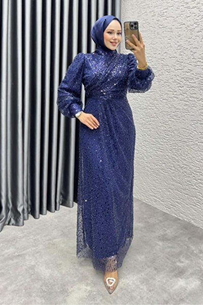 Kalemen Moda Drape İşlemeli Pullu Abiye 8012 Lacivert