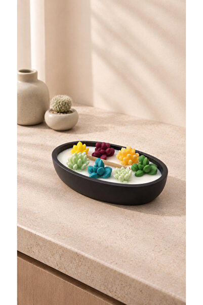 umay aura Mum-Dekoratif Mum 15x8,5cm Oval Taş Tozu Sukulent Detaylı Soya Wax Mum