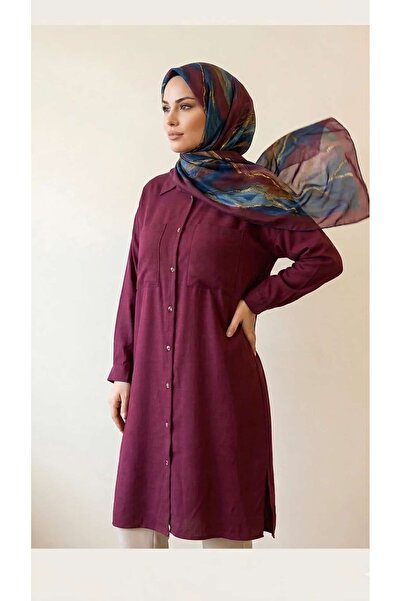CLOTHİNGG1 Tunik Gömlek Tencel Kumaş Bordo Rahat Kalıp