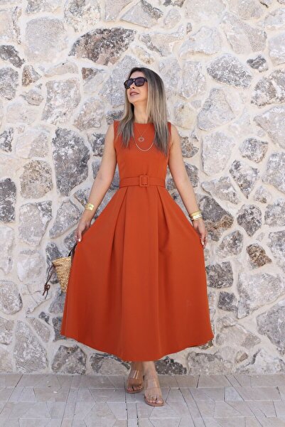 bytugcekaya Tile Halter Neck Belted Flared Dress