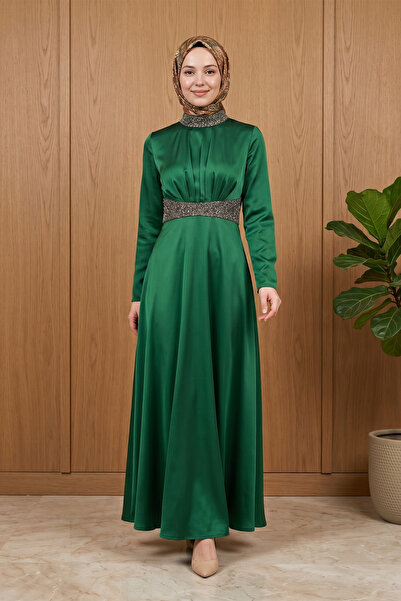 FERHEL Women's Satin Evening Dress with Stone Detail on Collar and Waist - Em...