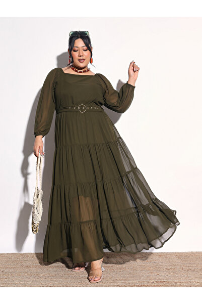 Sassafras By Styli Plus Size Olive Georgette Tiered Maxi Dress
