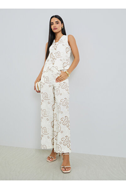 Styli Off White Embroidered Wide Leg Pants