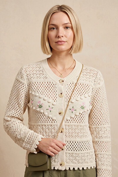 FERHEL Women's Floral Embroidered Front, Pompom Embossed Detail, Buttoned Kni...