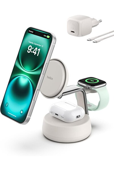 Belkin UltraCharge Pro MagSafe Uyumlu 3’ü 1 Arada Qi2 25W Kablosuz Şarj Cihaz...
