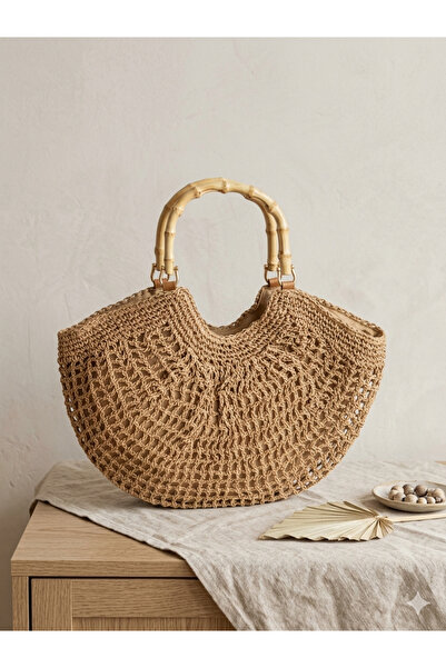 Luminos Butik Yarım Ay Bambu Kulplu Camel Hasır Çanta CNT1155