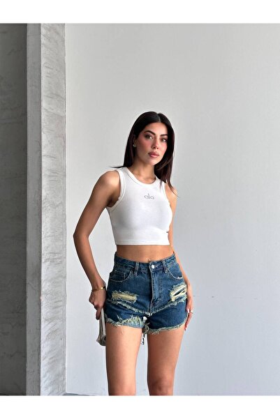 DENİKK Trend Special Design Tint Washing Laser Detail Frayed Denim Jean Shorts