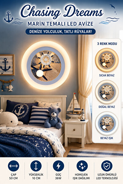 MARS CONCEPT Çocuk Odası Denizci Temalı LED Tavan & Duvar Lambası 50cm │ 3 Re...