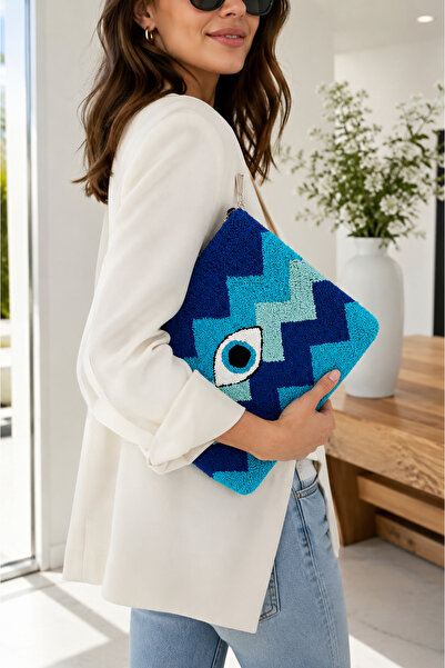 Terraderm Mavi Nazar Figürlü El Yapımı Kadın Portföy/Clutch Çanta 29x23 cm