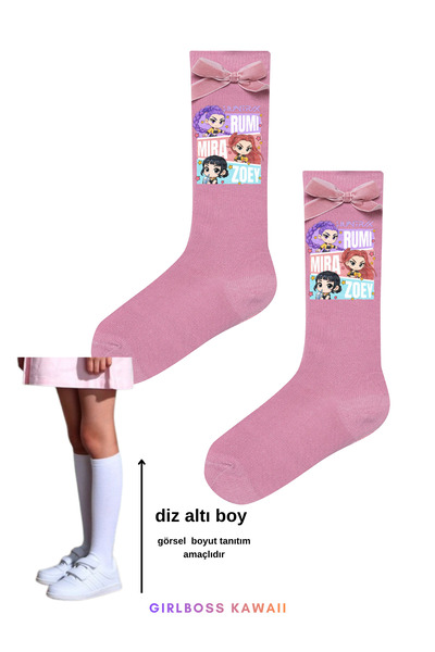 Girlboss Kawaii Demon hunters pembe uzun dizaltı çorap kadife kurdeleli k-pop...