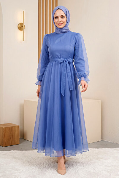 FERHEL Women's Fluffy Tulle Lined Back Zipper Evening Dress - Blue