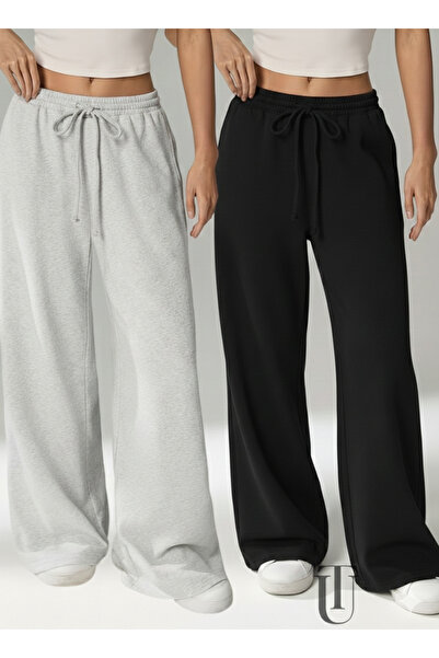 LAUSRA 2-Piece Women's Sweatpants Black&Gray Baggy Wide Leg Lace-Up Waistband...