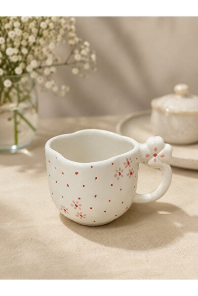 HİS Studio Clover-Shaped Ceramic Mug with Mouth and Handle Detail and Pink Da...