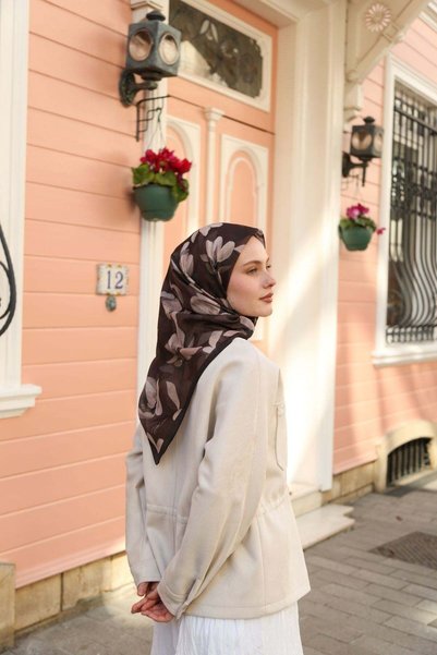 Hint İpek Çiçek Desenli Pamuk Eşarp Acı Kahve