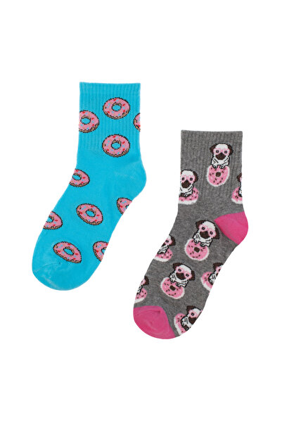 Zumzeria Short Socks Turquoise Gray Donuts Pugs for Women - 2 Pairs