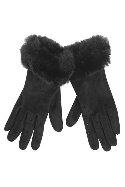 Zumzeria Black Gloves with Artificial Fur & Beads for Touch Screen for Women