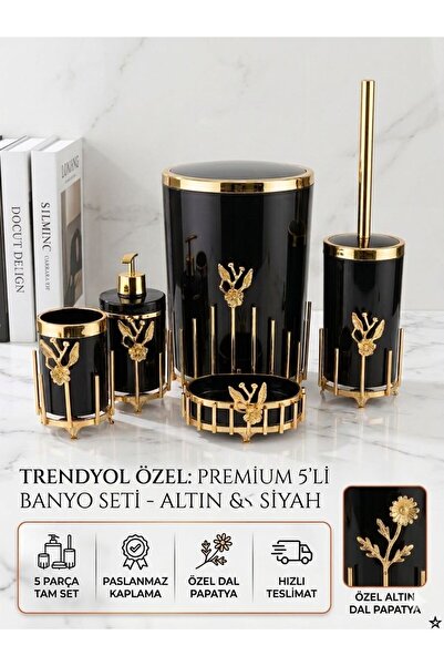 ORUÇ BEY 5-Piece Luxury Metal Framed Bathroom Accessory Set with Gold Detail