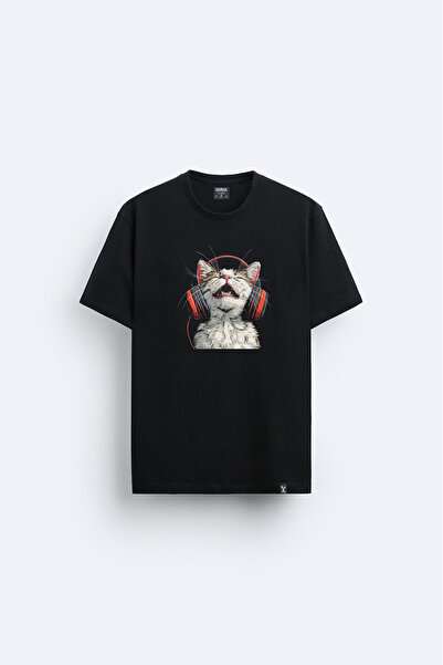 AYDESİGN Tricou negru cu imprimeu Cat Cat, cu gât rotund