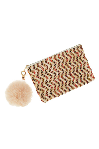 Zumzeria Beige Straw Case with Colorful Zigzag Pattern & Detachable Beige Pom...