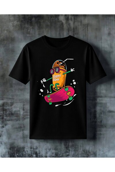 COMVİCHO تي شيرت كبير الحجم مطبوع عليه happy vibes skateboard