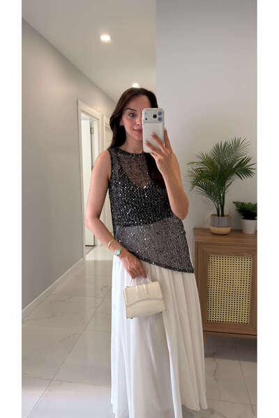 BİRCANÇİL Bluză de designer ZR Vilda, neagră, tricotată, cu paiete și croială...