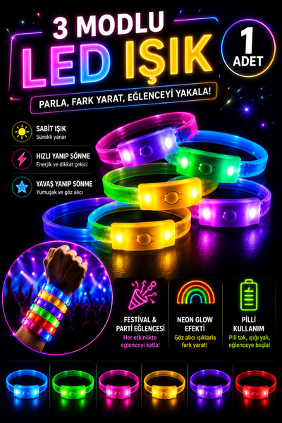 Tamsena Store Festival Parti LED Işıklı Bileklik 3 Modlu Renkli Neon Glow Bil...