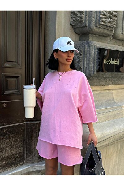 Bliss Kadın Alt Üst Şortlu Takım Taşlı Model , Oversize Rahat Kesim Yazlık Takım