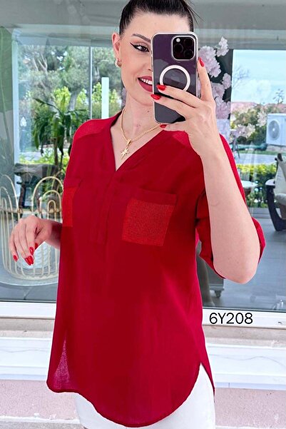 İnce Topuk Short Sleeve Mesh Detail Washed Cotton Fabric Blouse 6Y208