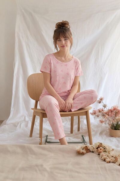 Sezka Life Kadın Pembe Kurdele Baskılı Rahat Kalıp Ev Giyimi Pijama Seti Takımı