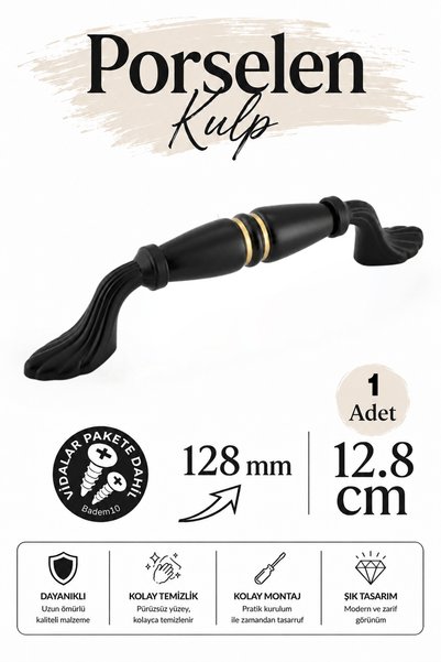 Badem10 Pera Porselen Siyah Gold Kulpları 128 mm 12.8 cm Mobilya Mutfak Çekme...