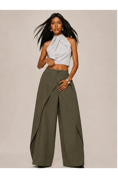 Afri Women's Khaki High-Waisted Double-Breasted Detailed Wide-Leg Trousers – ...