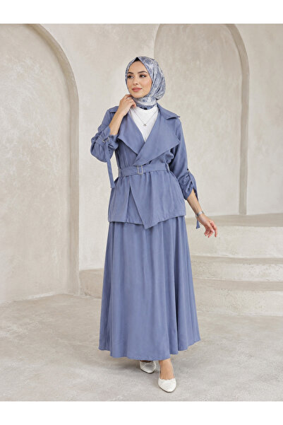 Lunsera Store طقم تنورة بتفاصيل مشبك من D - لون نيلي